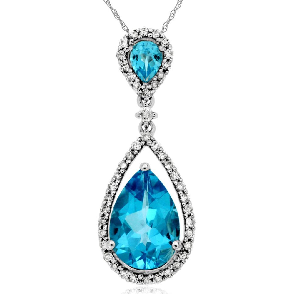 Royal 14K White Gold Pendant with Pear Shape Blue Topaz and Round Diamonds - 2.65 Carat Total Gem Weight