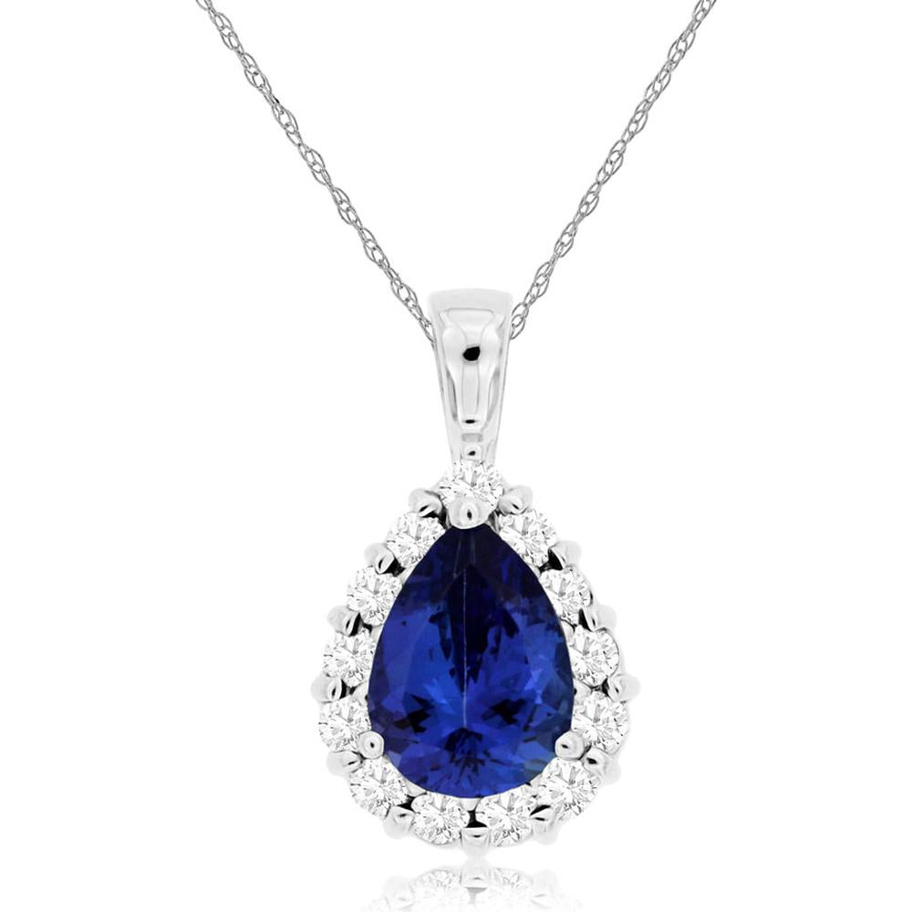 Royal 14K White Gold Pendant with Pear-Shaped Tanzanite and Halo of Round Diamonds - 1.40 Carat Total Gem Weight