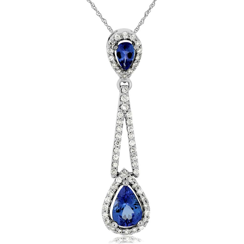Royal 14K White Gold Pendant with Pear-Shaped Tanzanites (1.32 Carats Total Weight) and Halo-Set Round Diamonds