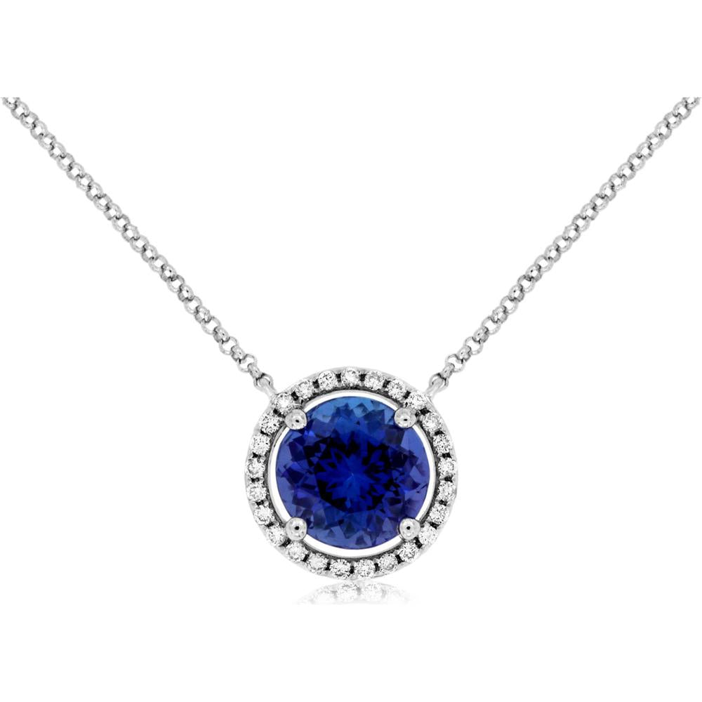 Royal 14K White Gold Pendant with Round Tanzanite and Diamond Halo - 2.24 Carat Total Gem Weight