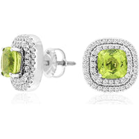 Royal 14K White Gold Peridot & Diamond Cushion Cut Halo Earrings - 2.7 Carats Total Gem Weight