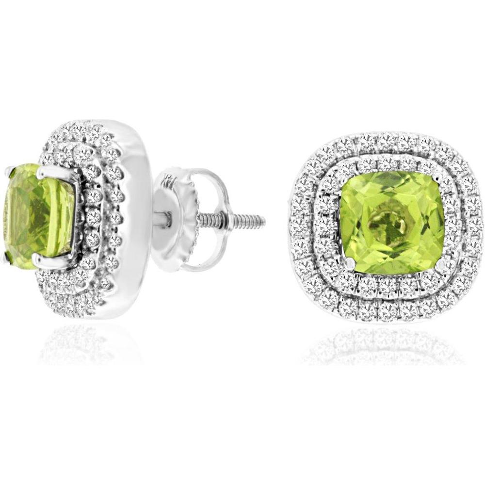 Royal 14K White Gold Peridot & Diamond Cushion Cut Halo Earrings - 2.7 Carats Total Gem Weight
