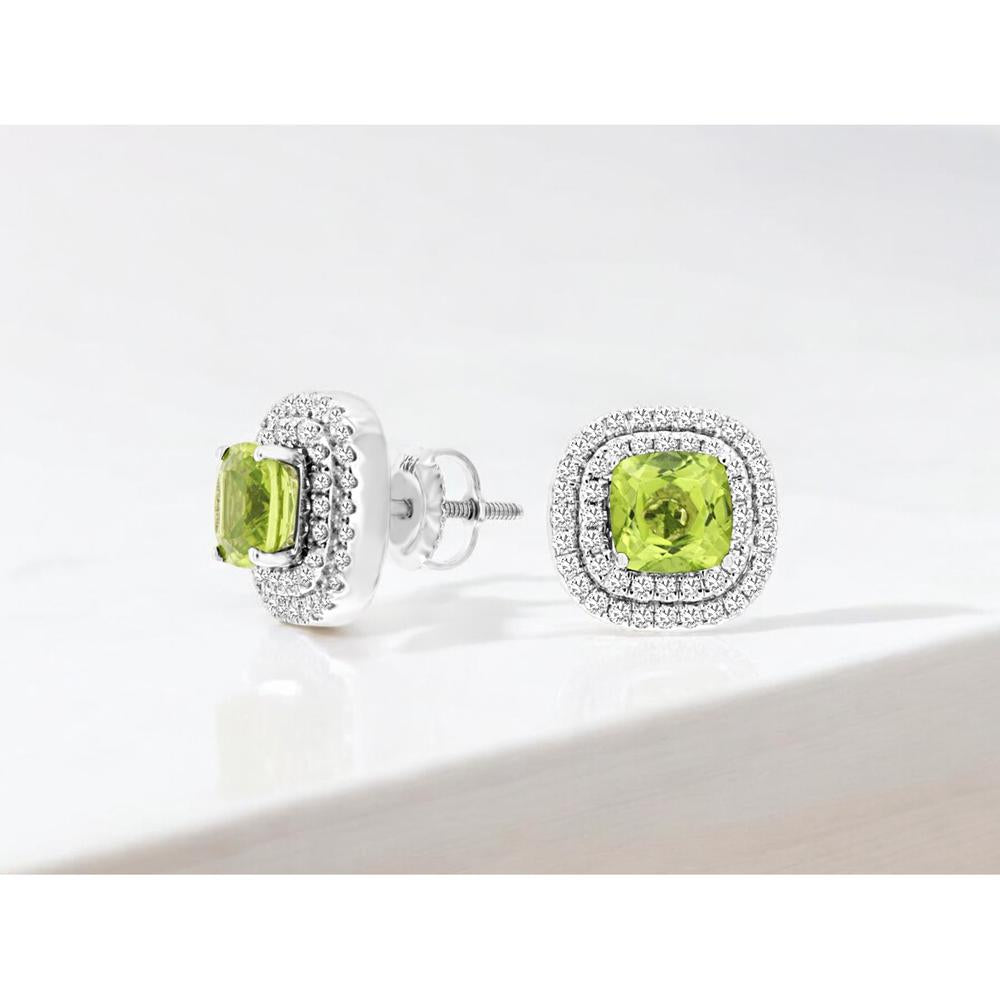 Royal 14K White Gold Peridot & Diamond Cushion Cut Halo Earrings - 2.7 Carats Total Gem Weight