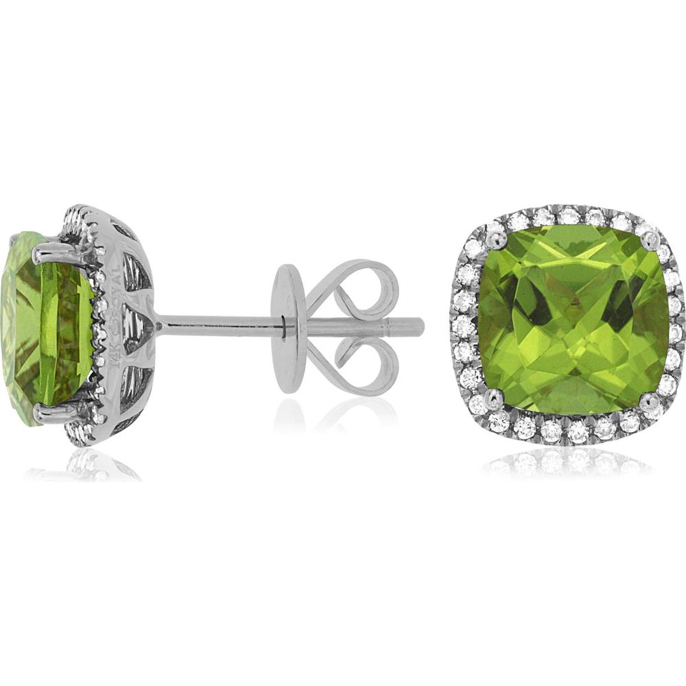 Royal 14K White Gold Peridot & Diamond Cushion Cut Stud Earrings - 4.21 Carats Total Gem Weight