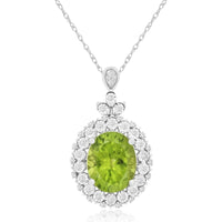 Royal 14K White Gold Peridot & Diamond Halo Pendant - 4.85 Carats Peridot, 0.25 Carats Diamond Total Weight