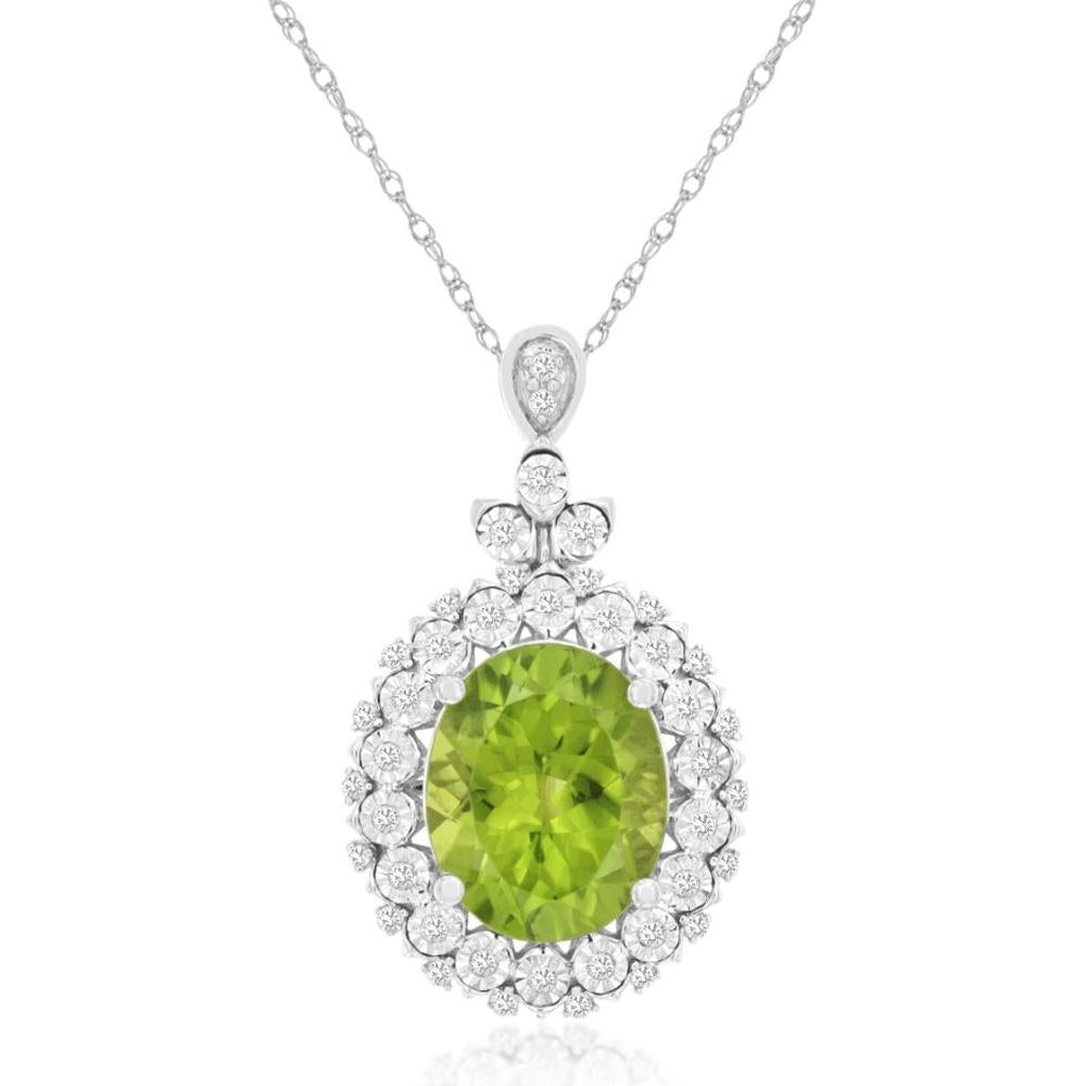 Royal 14K White Gold Peridot & Diamond Halo Pendant - 4.85 Carats Peridot, 0.25 Carats Diamond Total Weight