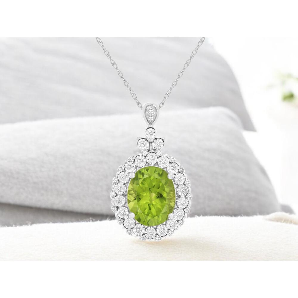 Royal 14K White Gold Peridot & Diamond Halo Pendant - 4.85 Carats Peridot, 0.25 Carats Diamond Total Weight