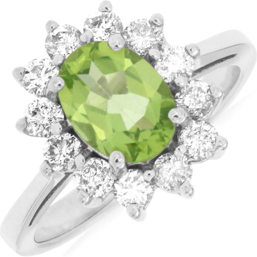 Royal 14K White Gold Peridot & Diamond Halo Ring - 1.25 Carats Peridot, 0.75 Carats Total Diamond Weight