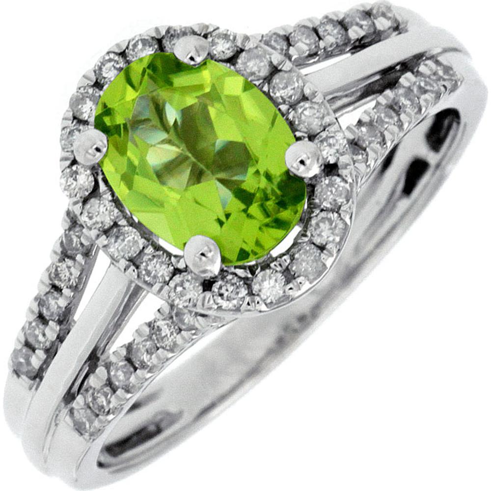 Royal 14K White Gold Peridot & Diamond Halo Ring - 1.25 Carats Peridot & 0.30 Carats Diamond Total Weight