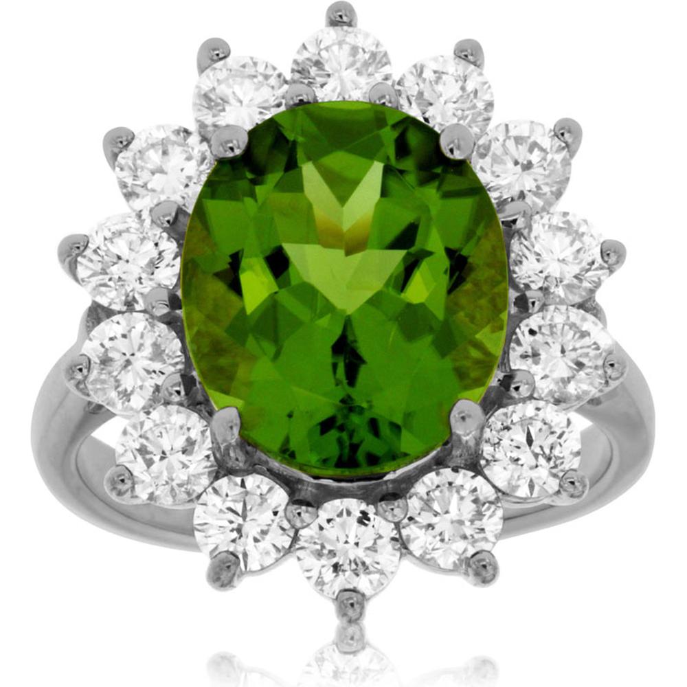 Royal 14K White Gold Peridot & Diamond Halo Ring - 4.80 Carats Peridot, 1.90 Carats Total Diamond Weight