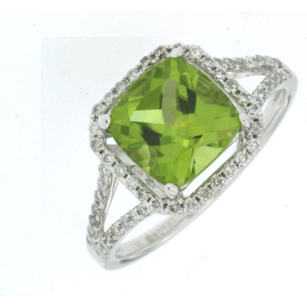 Royal 14K White Gold Peridot and Diamond Ring - Captivating Cushion Cut Brilliance