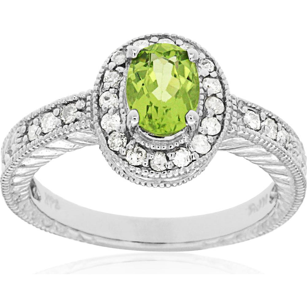 Royal 14K White Gold Peridot and Diamond Ring - Elegant Oval Cut Gemstone with Sparkling Diamonds