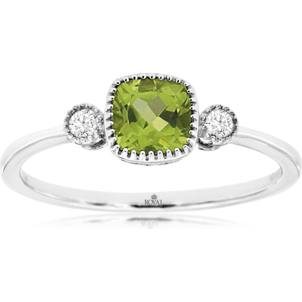 Royal 14K White Gold Peridot and Diamond Ring with Cushion Cut Peridot - 0.71 Carat Total Gem Weight