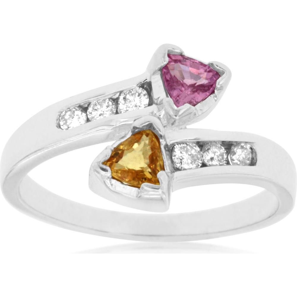 Royal 14K White Gold Pink & Yellow Sapphire Diamond Ring - Exquisite Trillion Cut Beauty