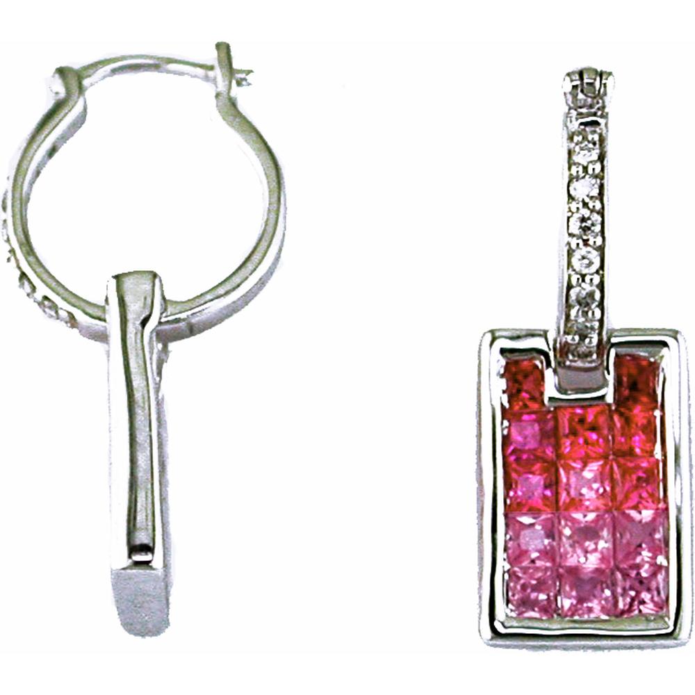 Royal 14K White Gold Pink Sapphire and Diamond Hoop Earrings - 1.45 Carats Total Pink Sapphire, 0.08 Carats Total Diamond Weight
