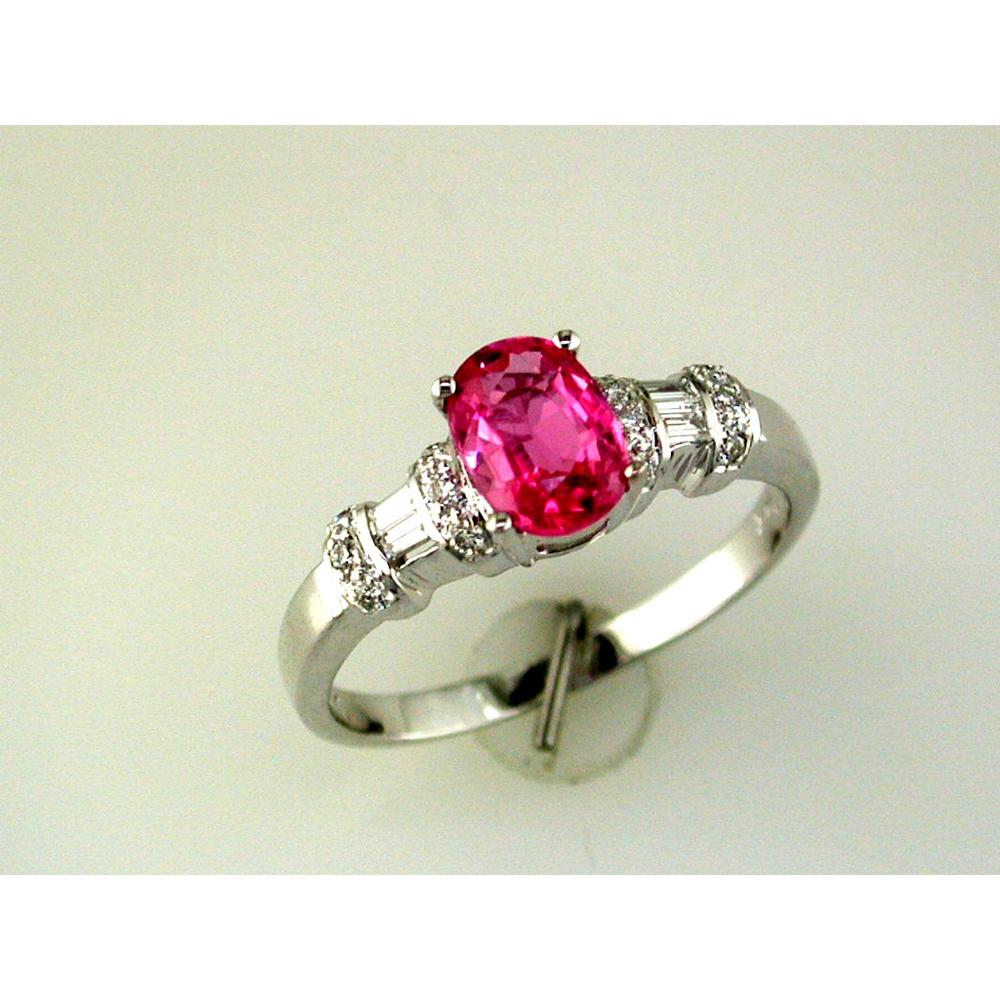 Royal 14K White Gold Pink Sapphire & Diamond Ring with Baguette and Round Diamonds - 1.17 Carats Total Gem Weight