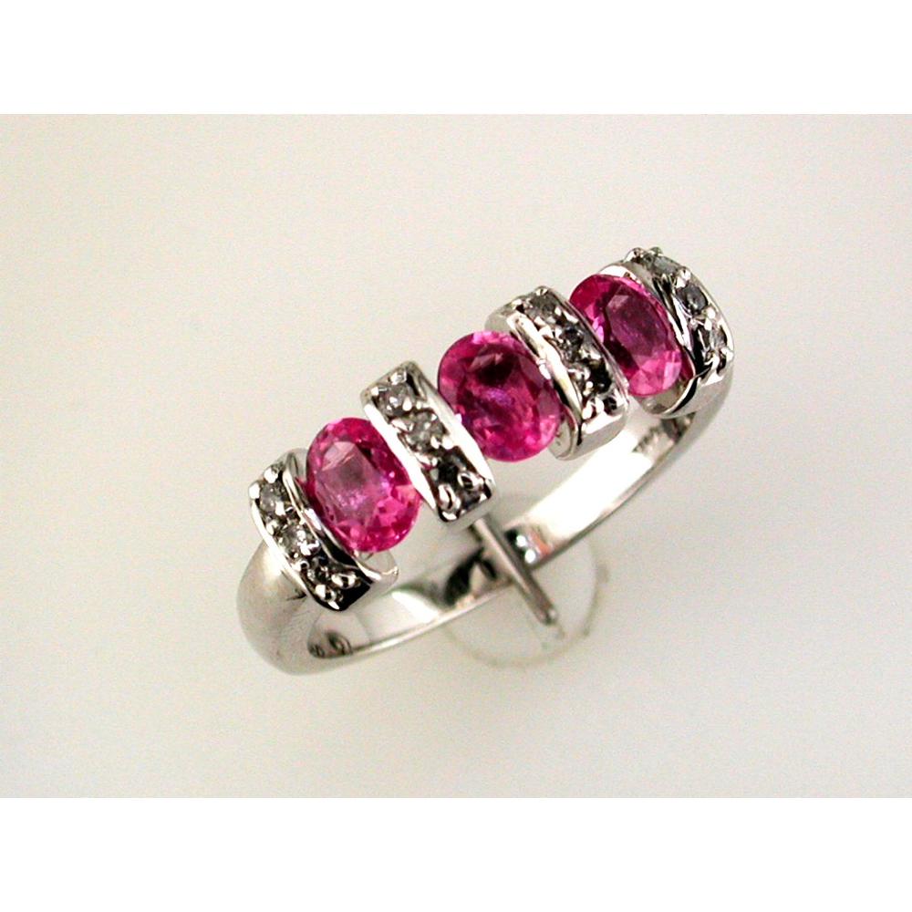 Royal 14K White Gold Pink Sapphire & Diamond Three Stone Ring - 1.35 Carat Pink Sapphire, 0.14 Carat Total Diamond Weight