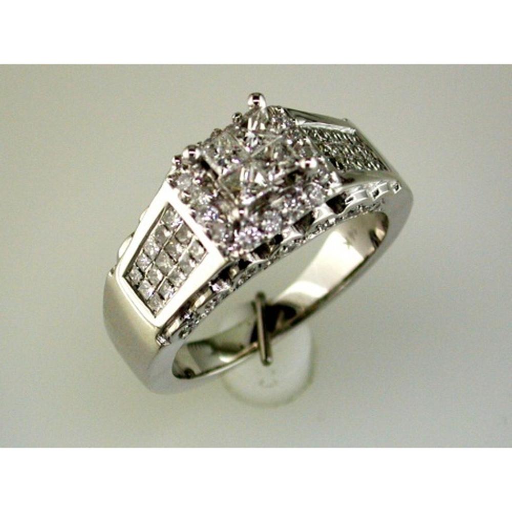 Royal 14K White Gold Princess and Round Cut Diamond Engagement Ring - 1.00 Carat Total Diamond Weight
