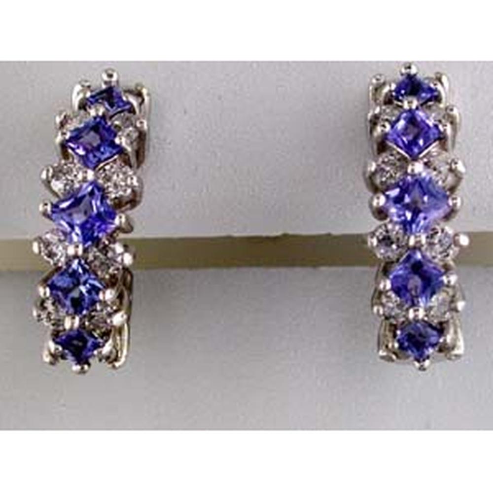 Royal 14K White Gold Princess Cut Diamond and Tanzanite Drop Earrings - 2.17 Carat Total Gem Weight