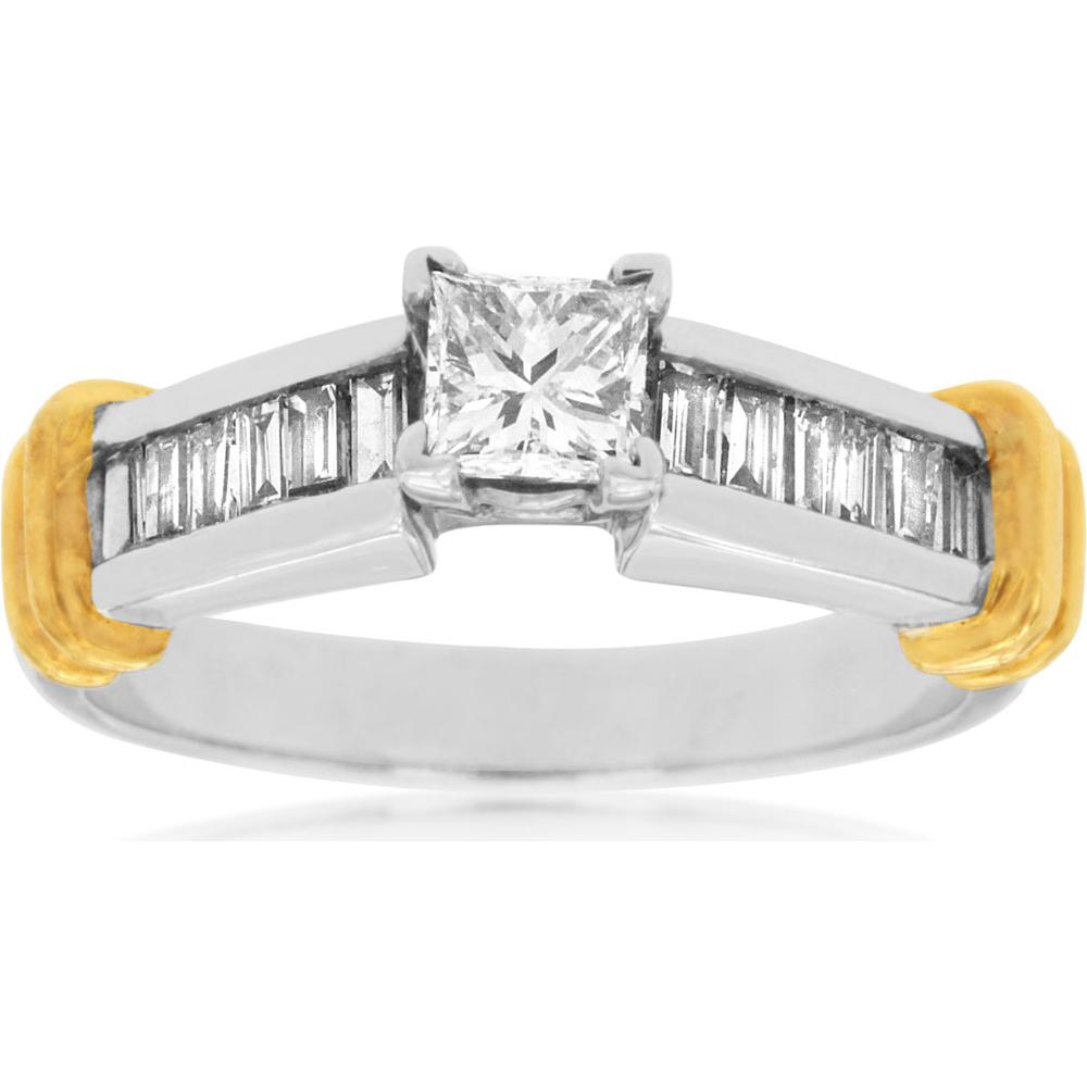 Royal 14K White Gold Princess Cut Diamond Engagement Ring - 0.42 Carat Center - Baguette Accents