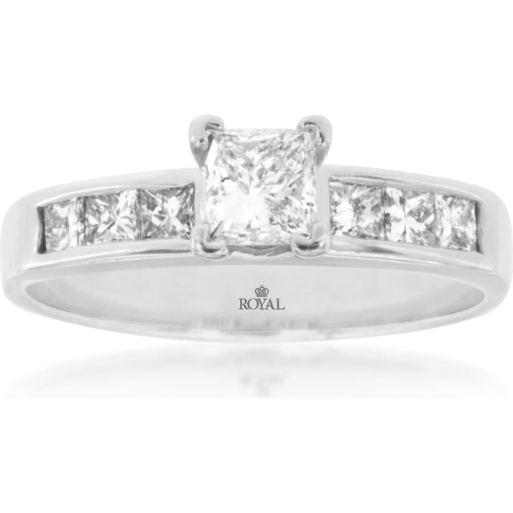 Royal 14K White Gold Princess-Cut Diamond Engagement Ring - 0.48 Carat Main Stone with 0.42 Carat Additional Diamonds