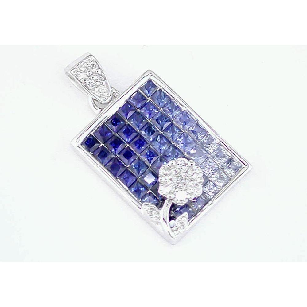 Royal 14K White Gold Princess Cut Sapphire Pendant with Diamond Halo - 2.70 Carat Sapphire, 0.25 Carat Total Diamond Weight
