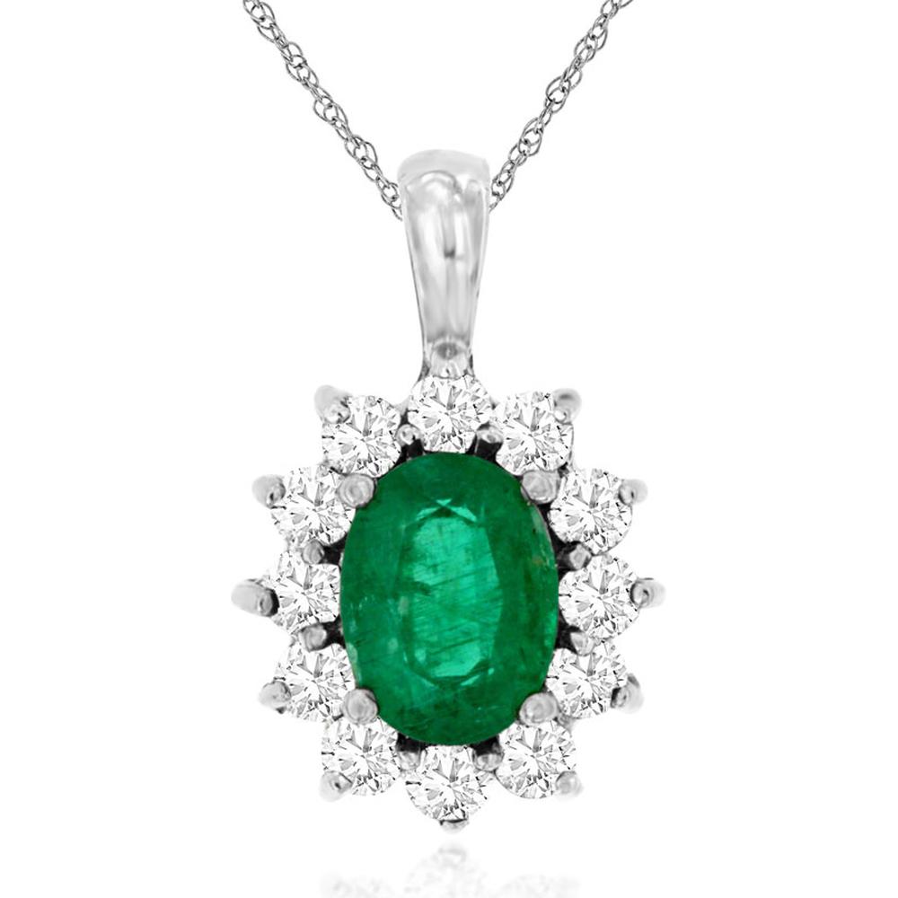Royal 14K White Gold Princess Di Pendant with Oval Emerald & Round Diamonds - 1.83 Carats Total Gem Weight