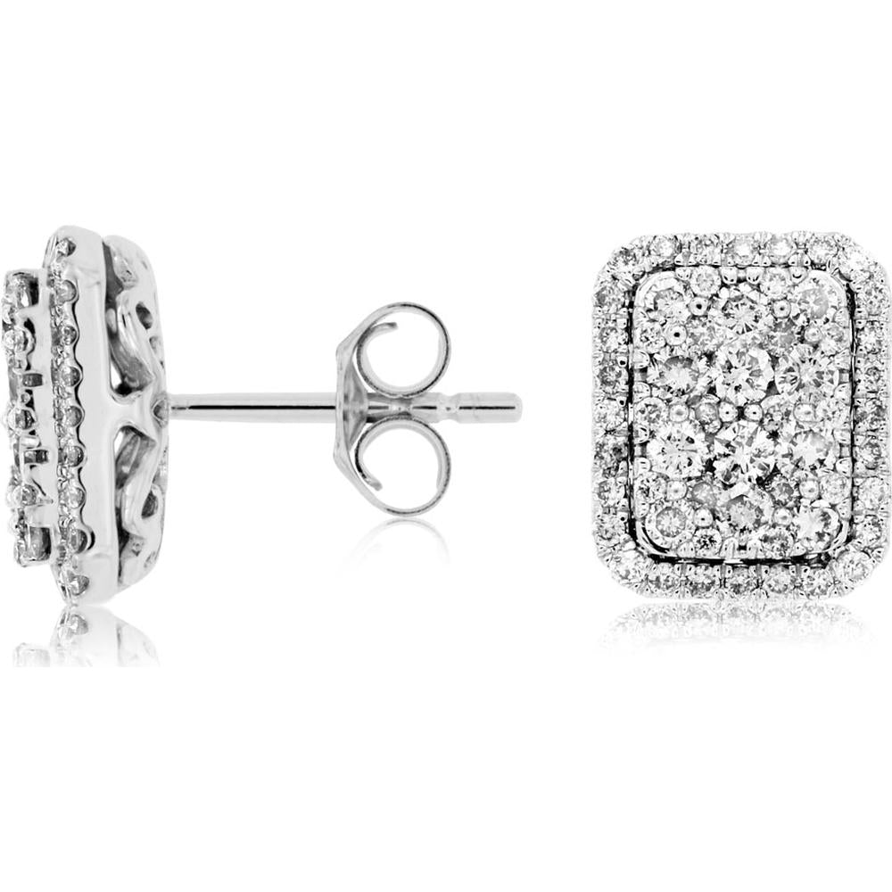 Royal 14K White Gold Rectangular Halo Stud Earrings with Prong-Set Diamonds - 0.97 Carats Total Diamond Weight