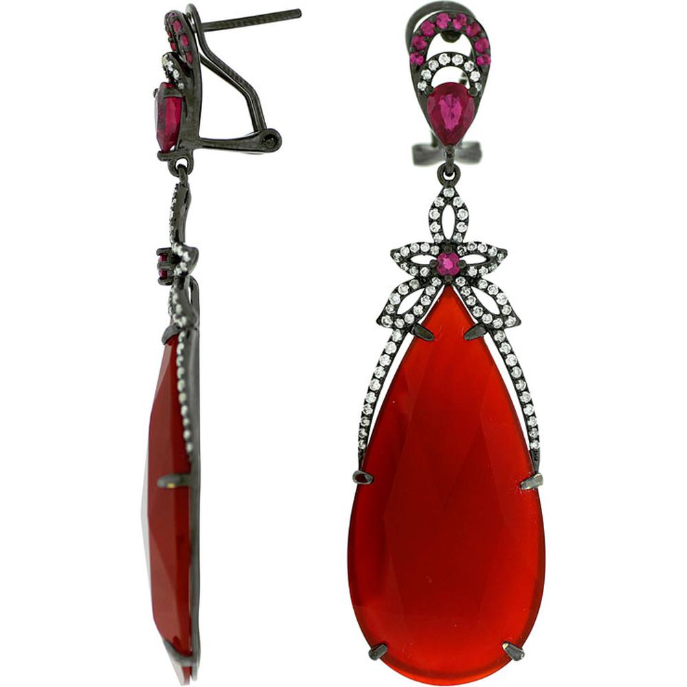 Royal 14K White Gold Red Agate, Ruby & Diamond Pear Earrings - Elegant Statement Jewelry