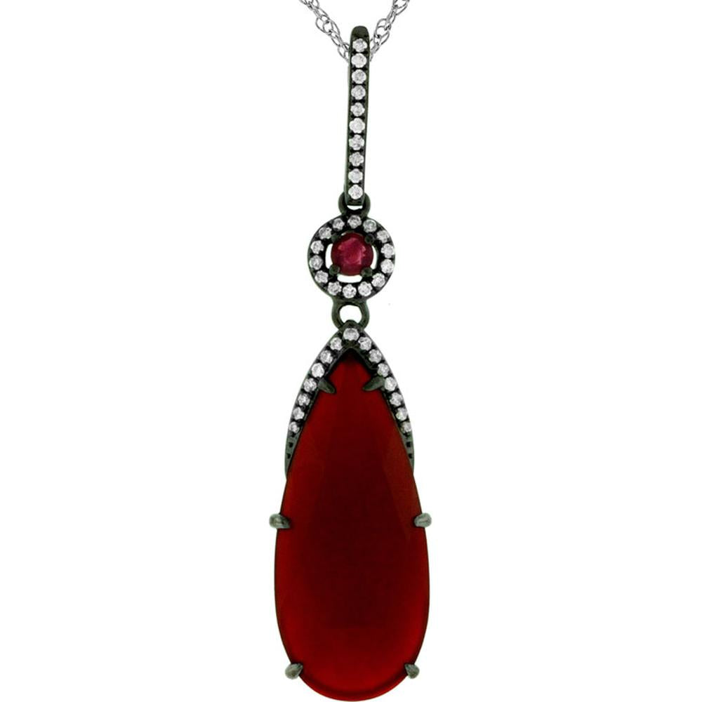Royal 14K White Gold Red Agate, Ruby & Diamond Pear Pendant - Elegant Gemstone Necklace