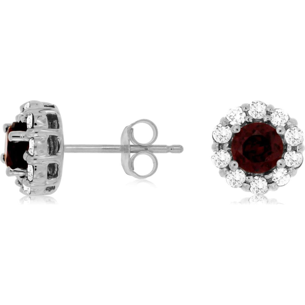 Royal 14K White Gold Rhodolite and Diamond Halo Stud Earrings - 0.90 Carat Rhodolite, 0.40 Carat Total Diamond Weight