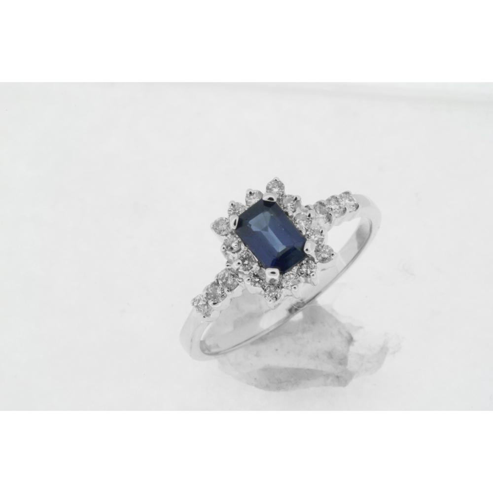 Royal 14K White Gold Ring with 0.40 Carats Emerald-Cut Sapphire and 0.35 Carats Round Diamond Halo