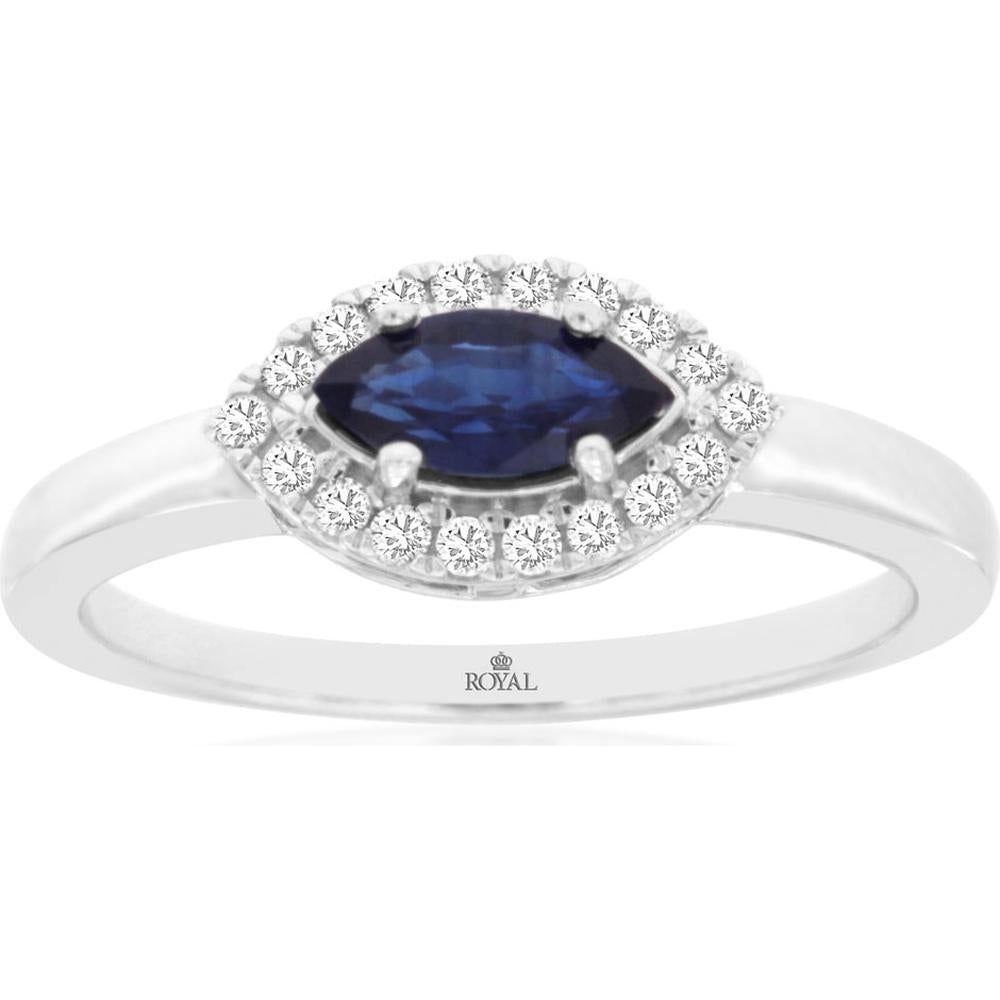 Royal 14K White Gold Ring with 0.45 Carat Marquise-Cut Sapphire and 0.14 Carat Diamond Halo