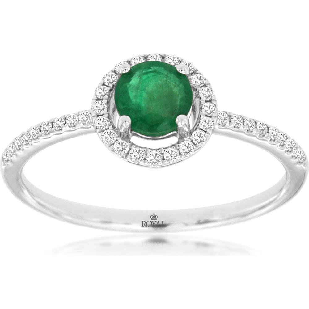 Royal 14K White Gold Ring with 0.45 Carat Round Emerald and 0.14 Carat Diamond Halo