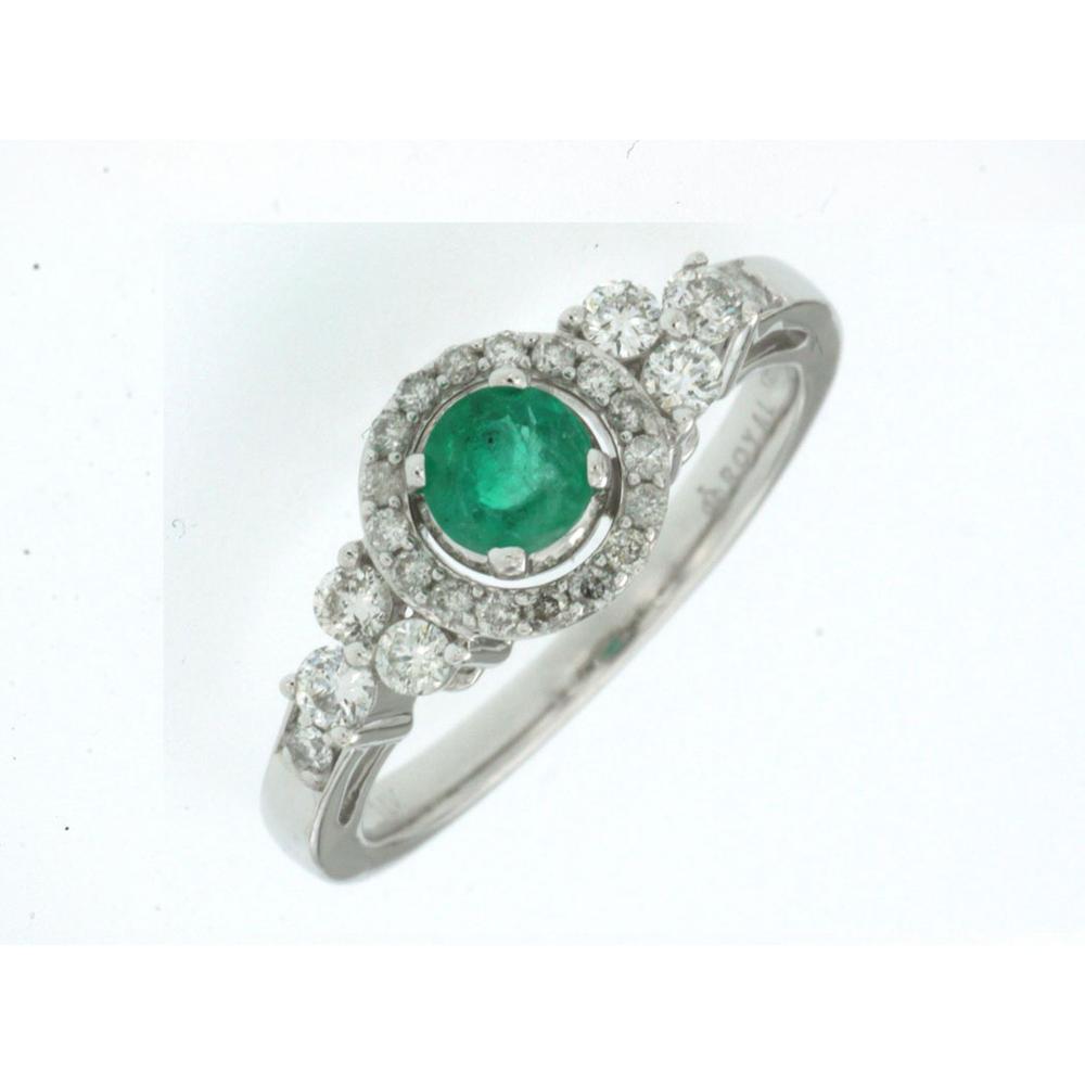 Royal 14K White Gold Ring with 0.45 Carat Round Emerald and 0.40 Carat Round Diamonds