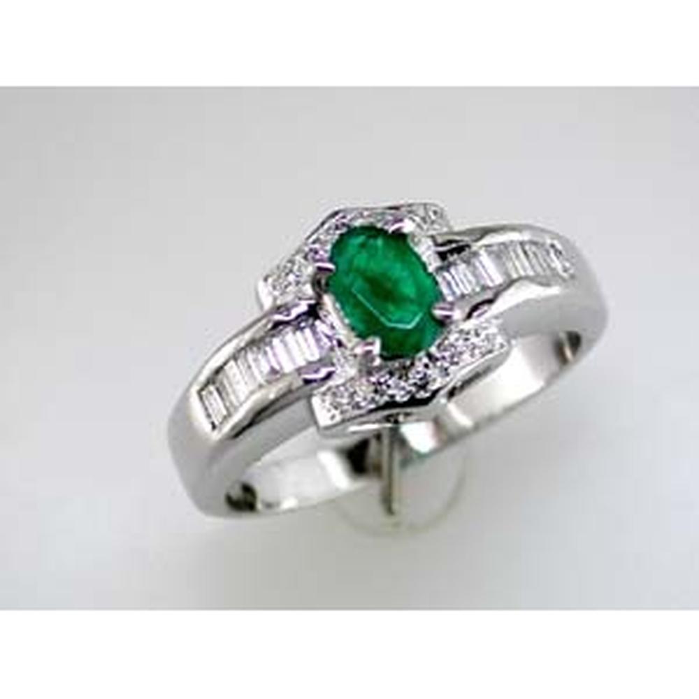 Royal 14K White Gold Ring with 0.45 Carats Oval Emerald and 0.35 Carats Round and Baguette Diamonds