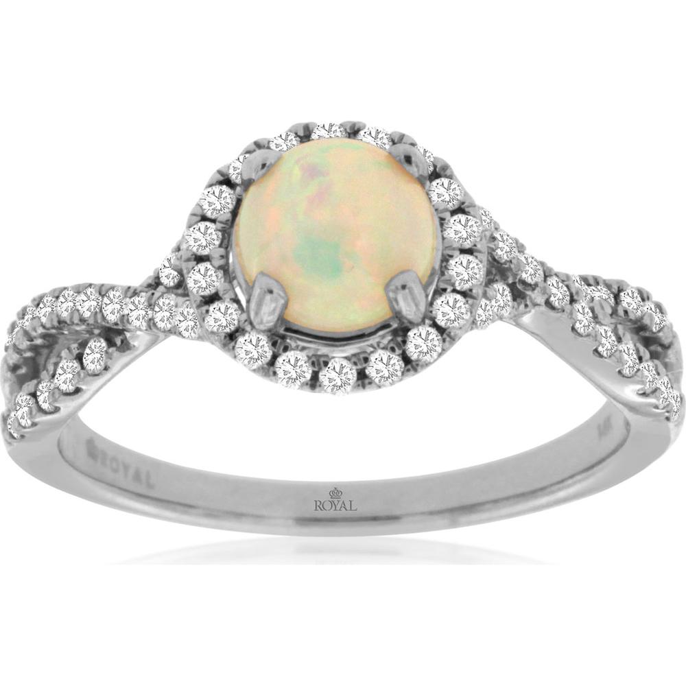 Royal 14K White Gold Ring with 0.50 Carat Round Opal and 0.30 Carat Diamond Halo