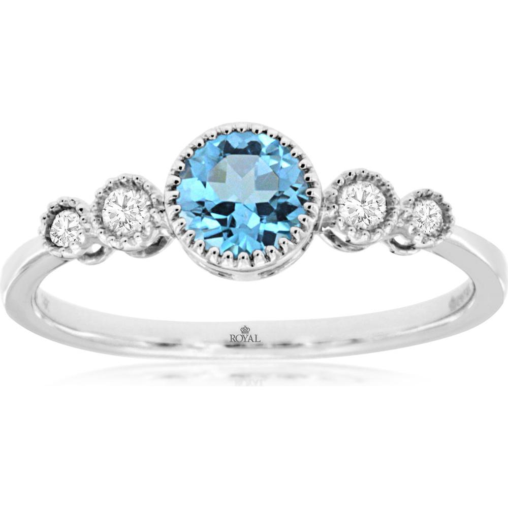 Royal 14K White Gold Ring with 0.55 Carat Round Blue Topaz and 0.11 Carat Diamonds