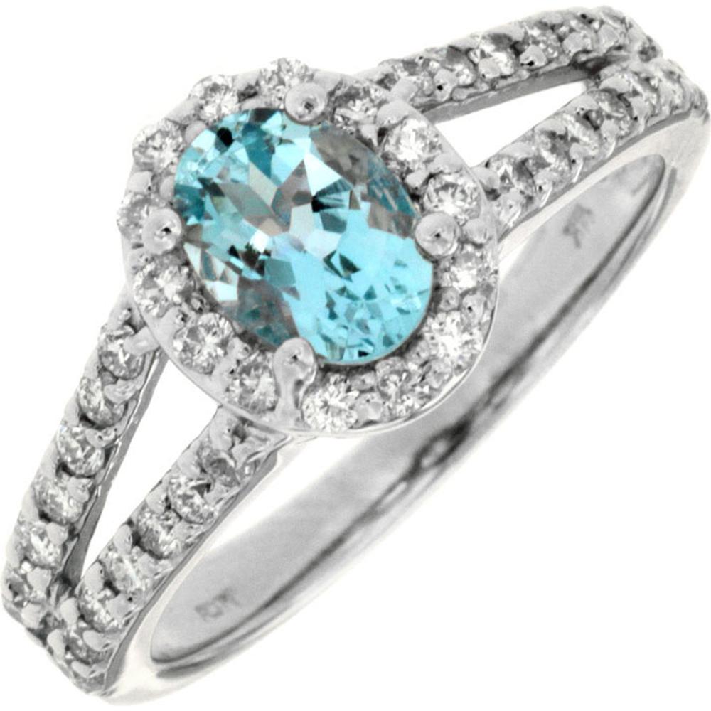 Royal 14K White Gold Ring with 0.65 Carat Oval-Cut Aquamarine and Diamond Halo - Split-Shank Design