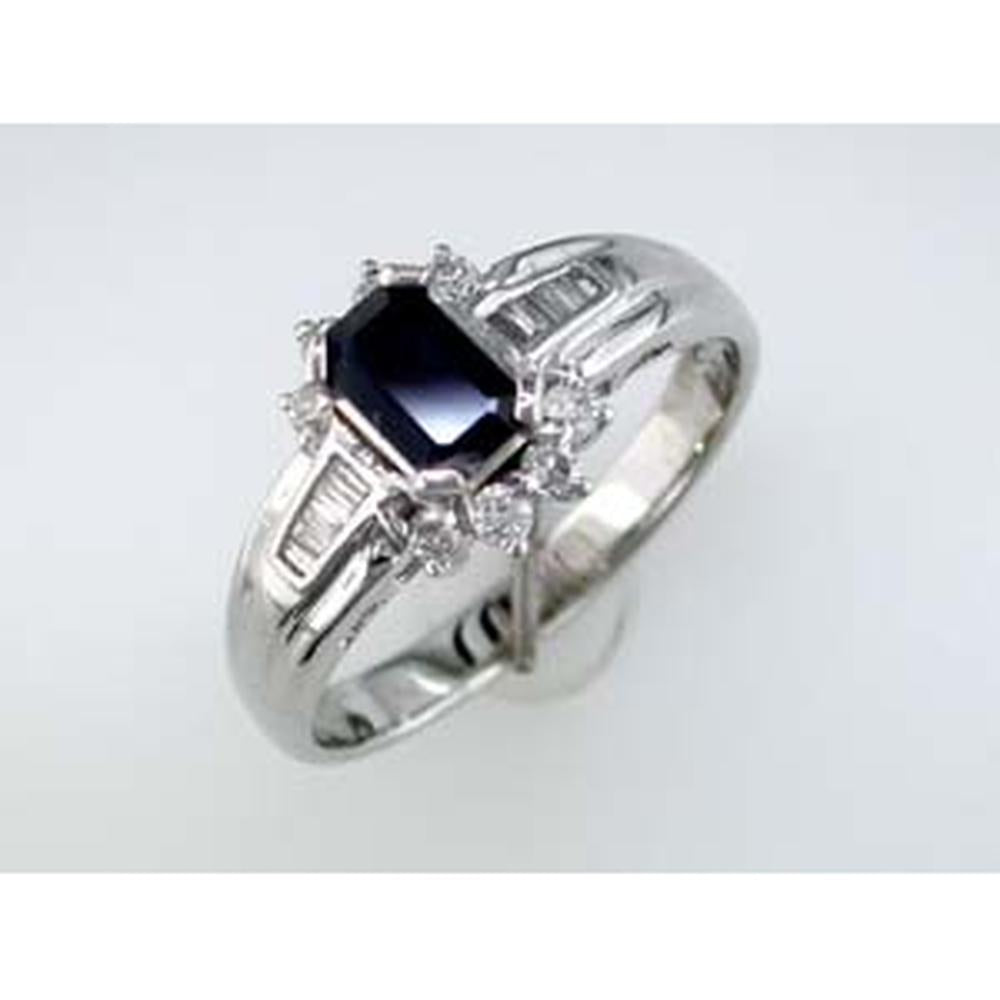 Royal 14K White Gold Ring with 0.75 Carats Emerald-Cut Sapphire and Baguette & Round Diamonds