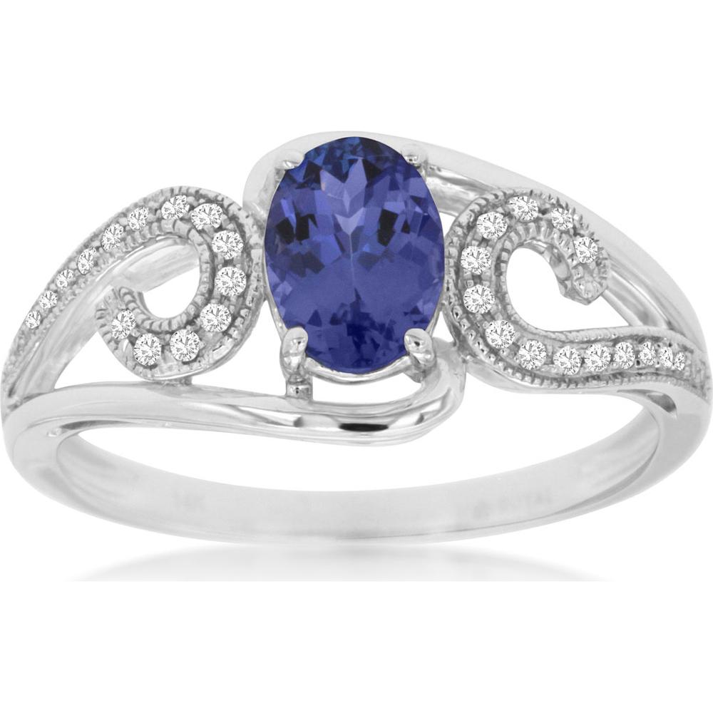 Royal 14K White Gold Ring with 0.85 Carat Oval Tanzanite and 0.09 Carat Pave-Set Diamonds