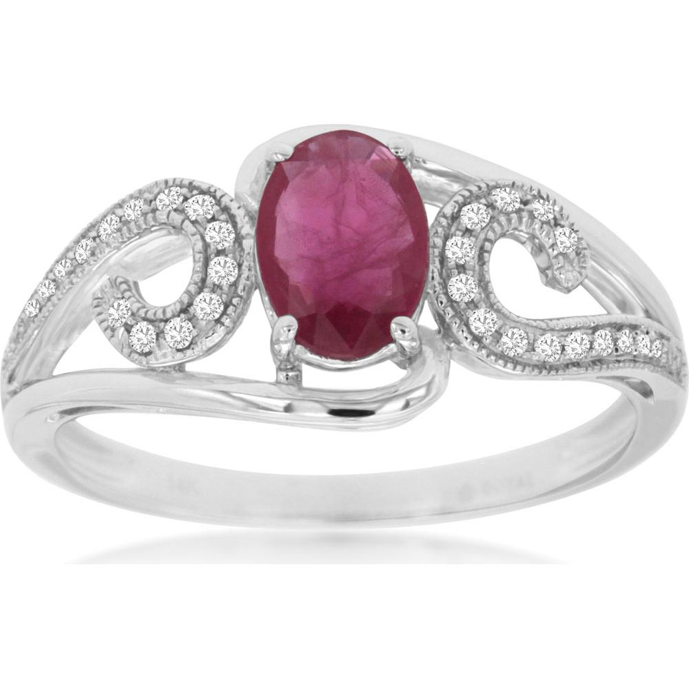 Royal 14K White Gold Ring with 0.90 Carat Oval Ruby and 0.09 Carat Diamond Accents
