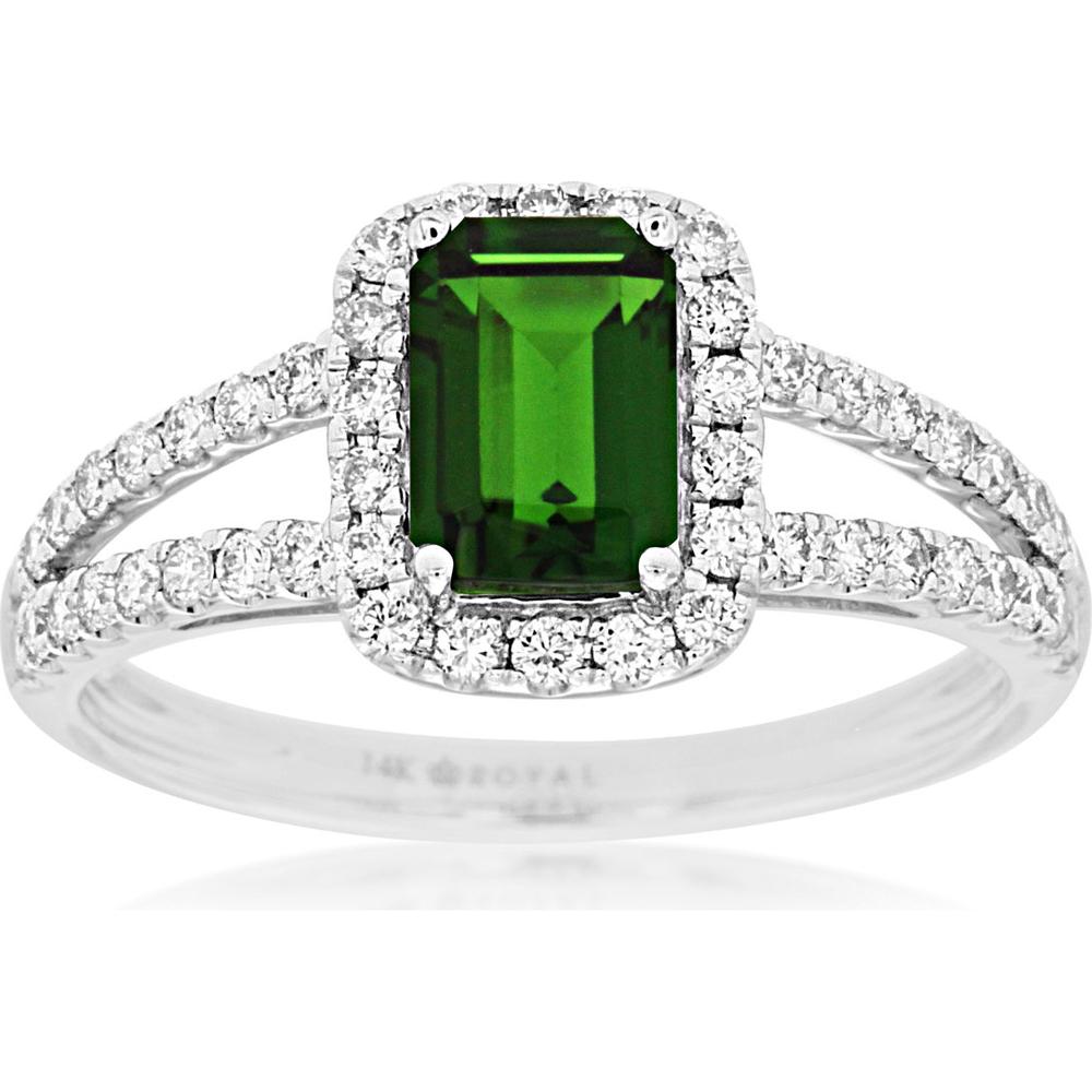 Royal 14K White Gold Ring with 1.00 Carat Emerald-Cut Russalite and 0.45 Carats Total Diamond Weight in a Halo and Split Shank Setting