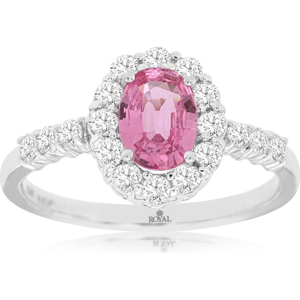 Royal 14K White Gold Ring with 1.00 Carats Oval Pink Sapphire and 0.47 Carats Round Diamond Halo