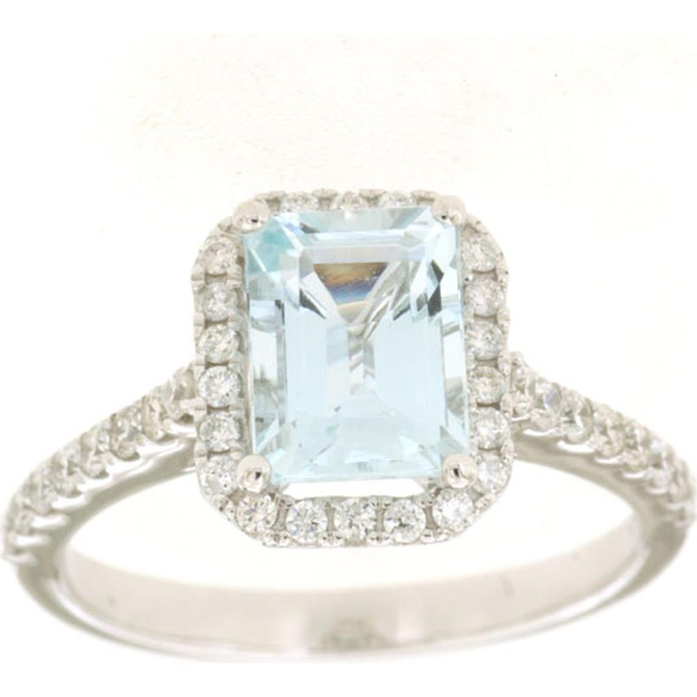 Royal 14K White Gold Ring with 1.40 Carat Emerald-Cut Aquamarine and Diamond Halo - 0.45 Carat s Total Diamond Weight