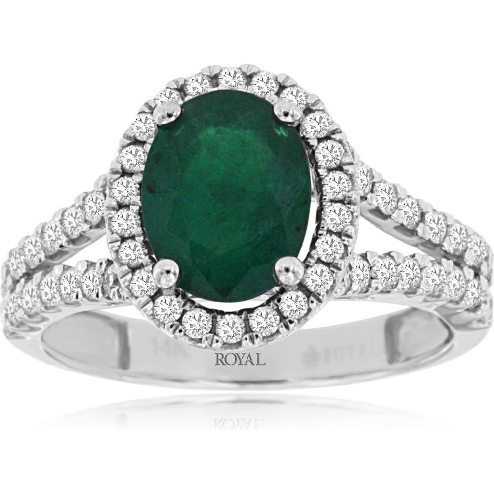Royal 14K White Gold Ring with 1.60 Carat Emerald and 0.72 Carat Diamond Halo