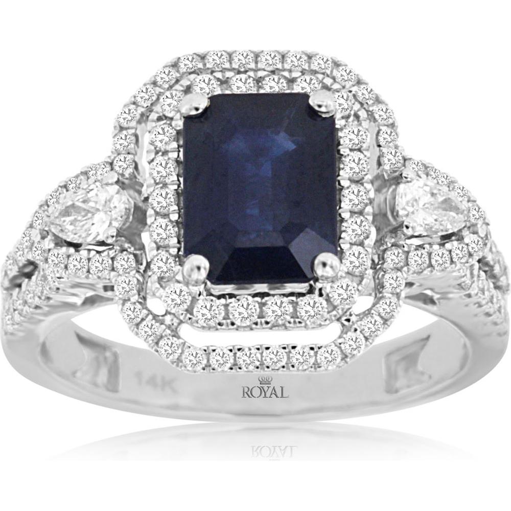 Royal 14K White Gold Ring with 1.85 Carat Emerald-Cut Sapphire and 0.72 Carat Diamond Halo