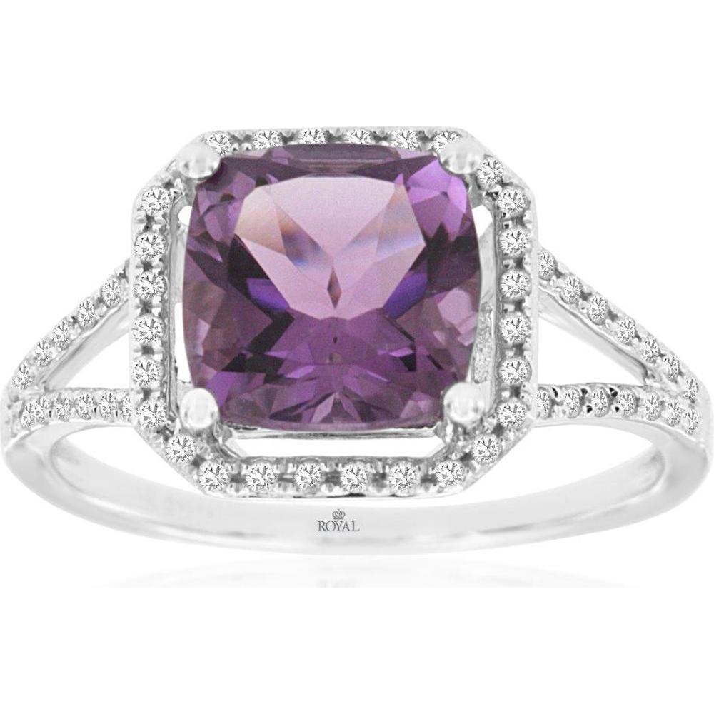 Royal 14K White Gold Ring with 1.90 Carat Cushion-Cut Amethyst and 0.30 Carat Diamond Halo