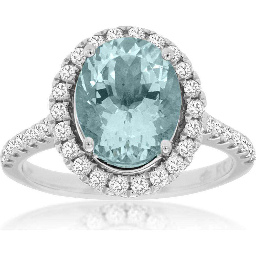 Royal 14K White Gold Ring with 2.00 Carat Oval Aquamarine and 0.60 Carat Total Diamond Weight in Halo Setting