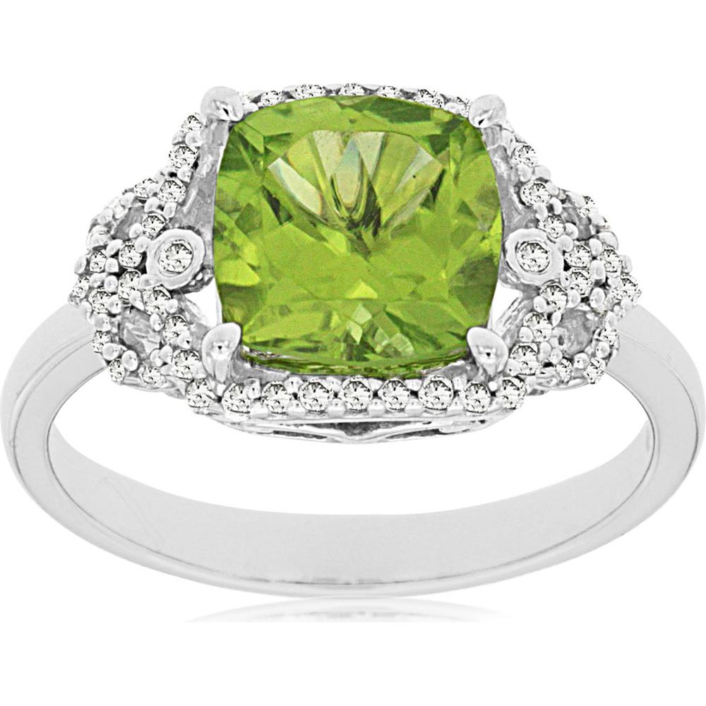 Royal 14K White Gold Ring with 2.10 Carat Cushion Cut Peridot and 0.20 Carat Diamond Halo